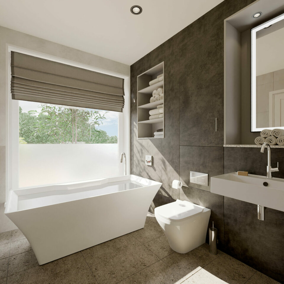 Neutral contemporary bathroom en-suite design marble freestanding bath