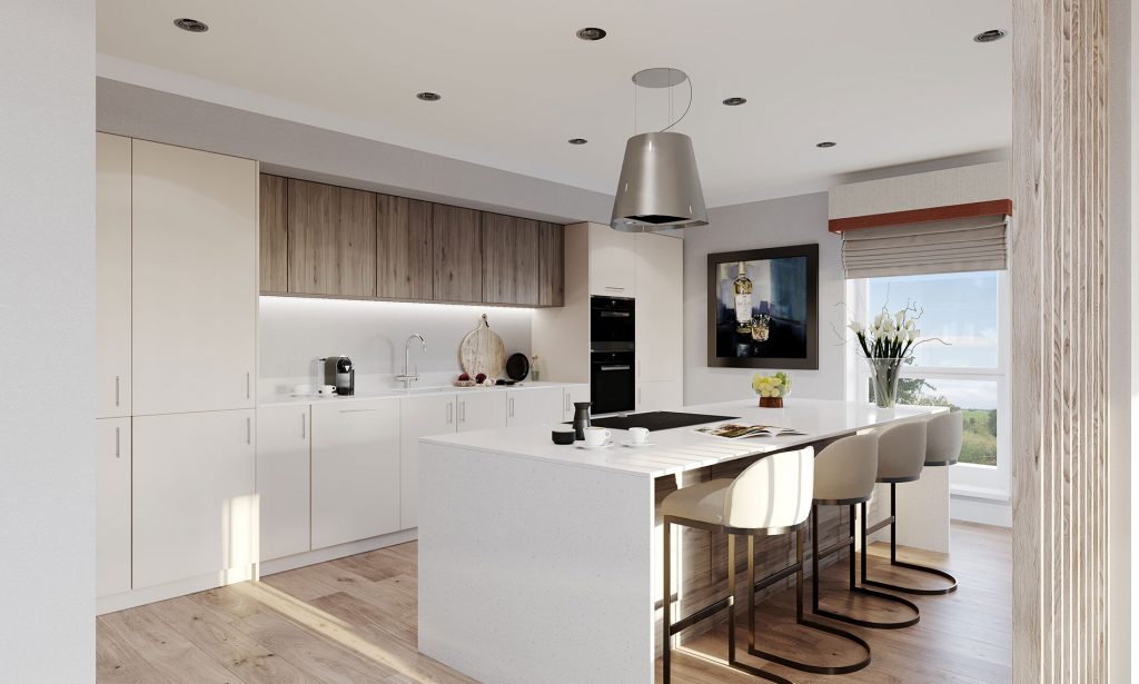 Kitchen with kkitchen island in light colours