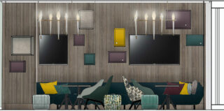 Rendered hotel lounge slatted timber colourful