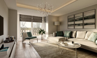 This is an image of a living room, a neutral coloured living room