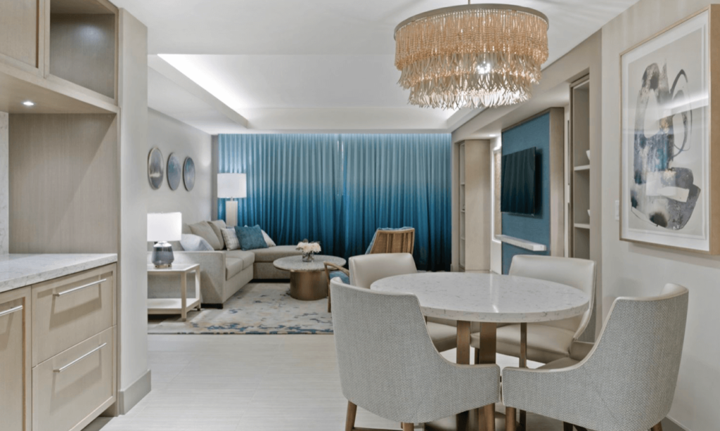 JW Marriott residential suite with blue curtains