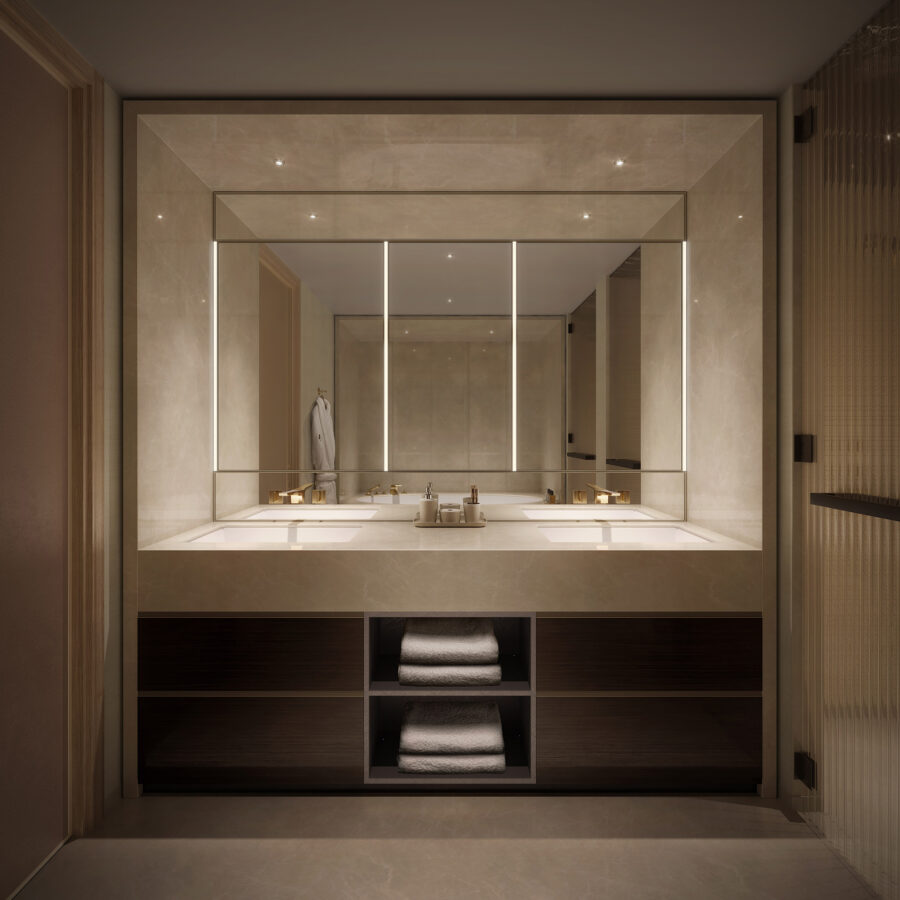 Luxury vanity with large mirror, dual sinks and gold fittings